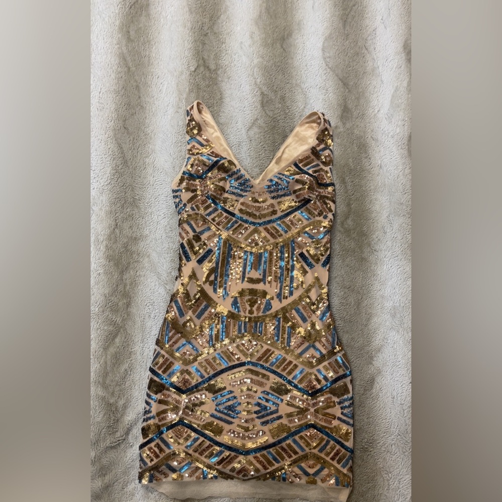 Sequin Embellished Dress in Gold and Blue